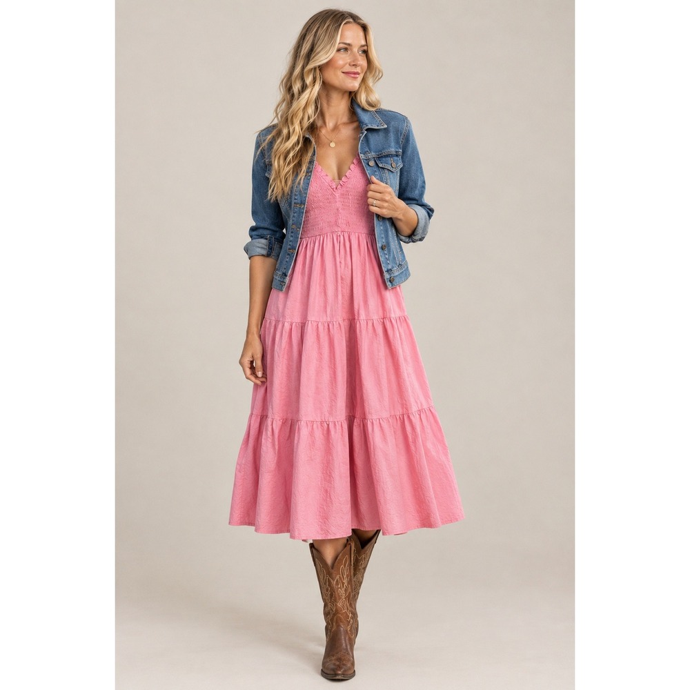 Karlie Smocked Midi Dress Sz S Pink Poplin Skirt Coastal Cowgirl Western Barbie
